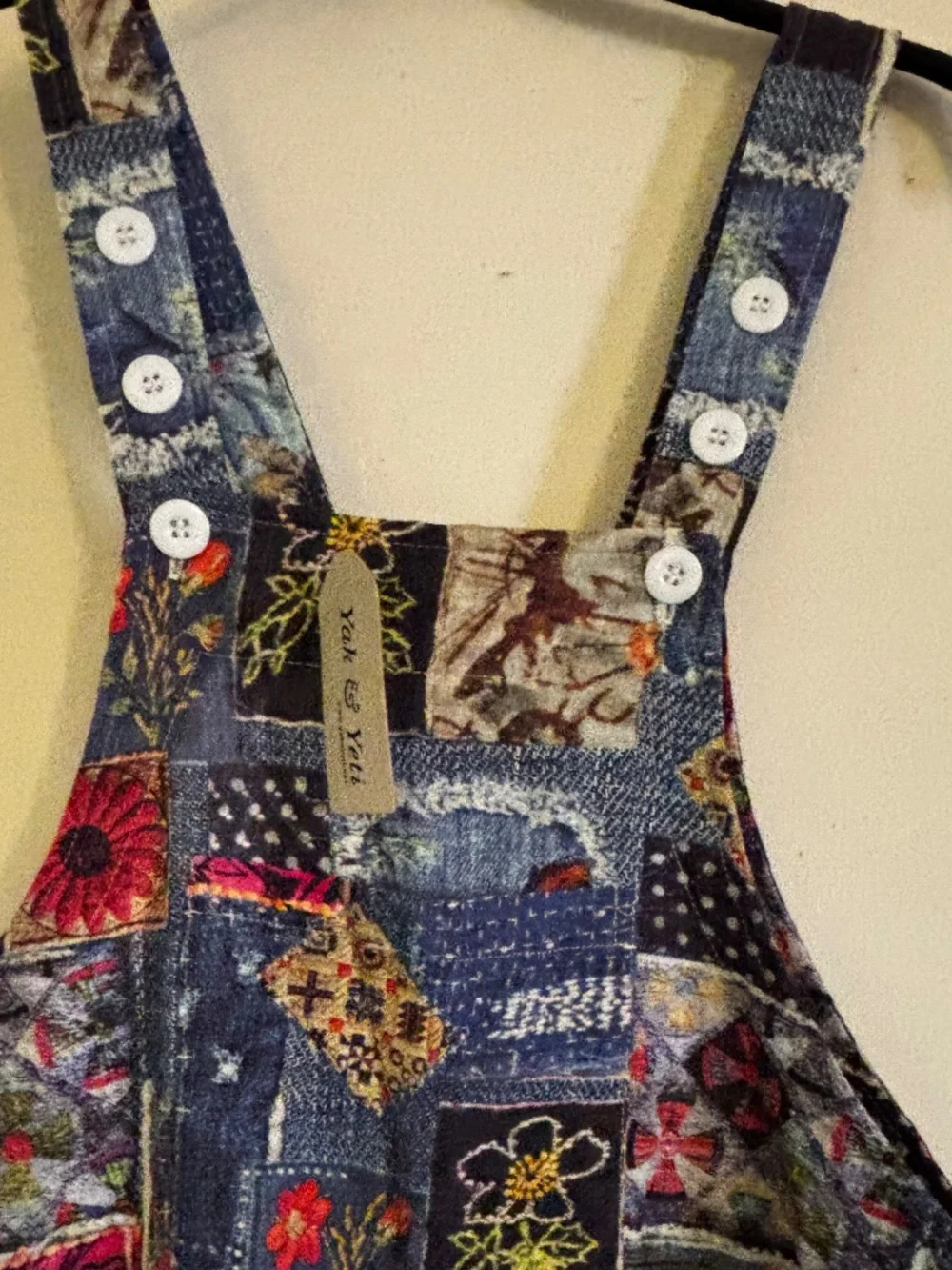 Embroidered Patchwork Denim Jumper Romper in Dark Blue Multi - Picture 5 of 9